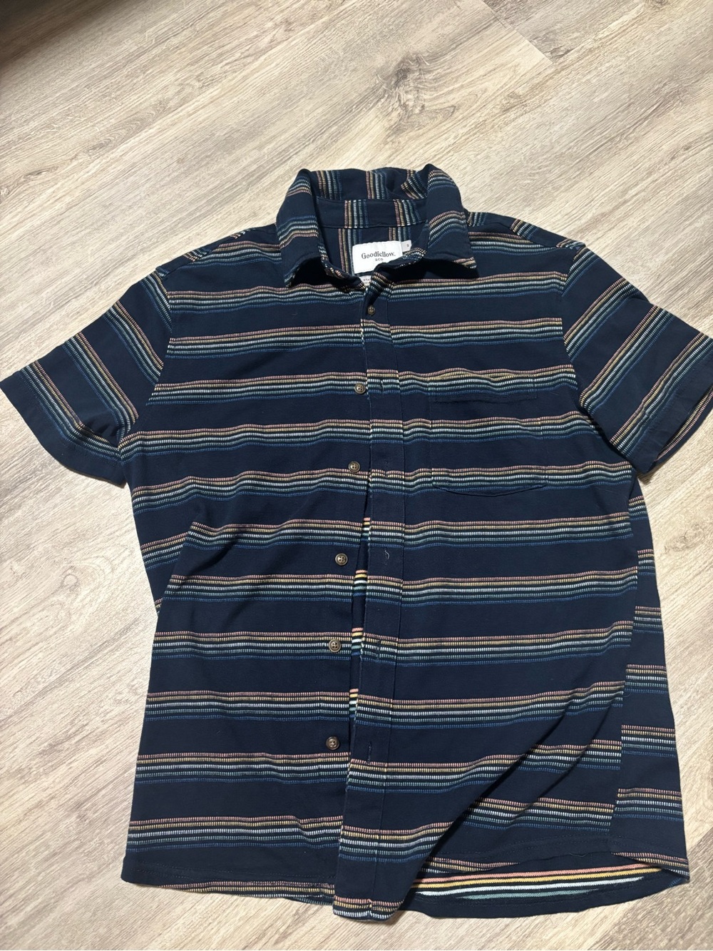 Goodfellow & Co Navy Short Sleeve Button-Down Shirt with Multi-Color Stripes